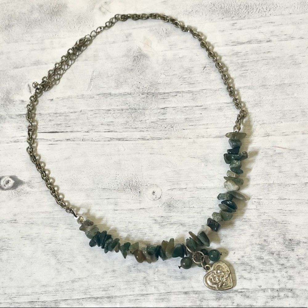 Silver tone heart pendant natural stones necklace